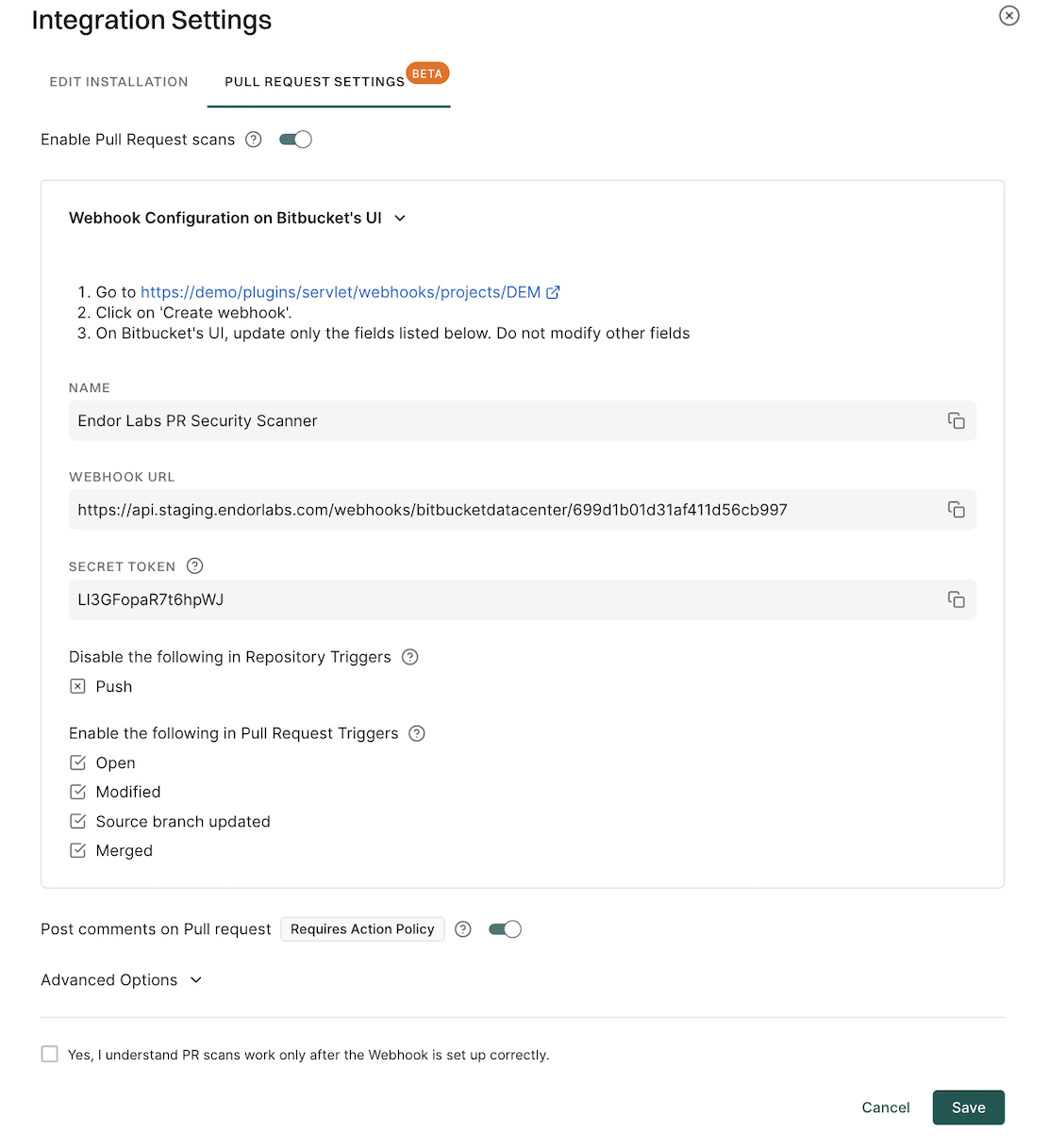 Edit integration in Bitbucket Data Center