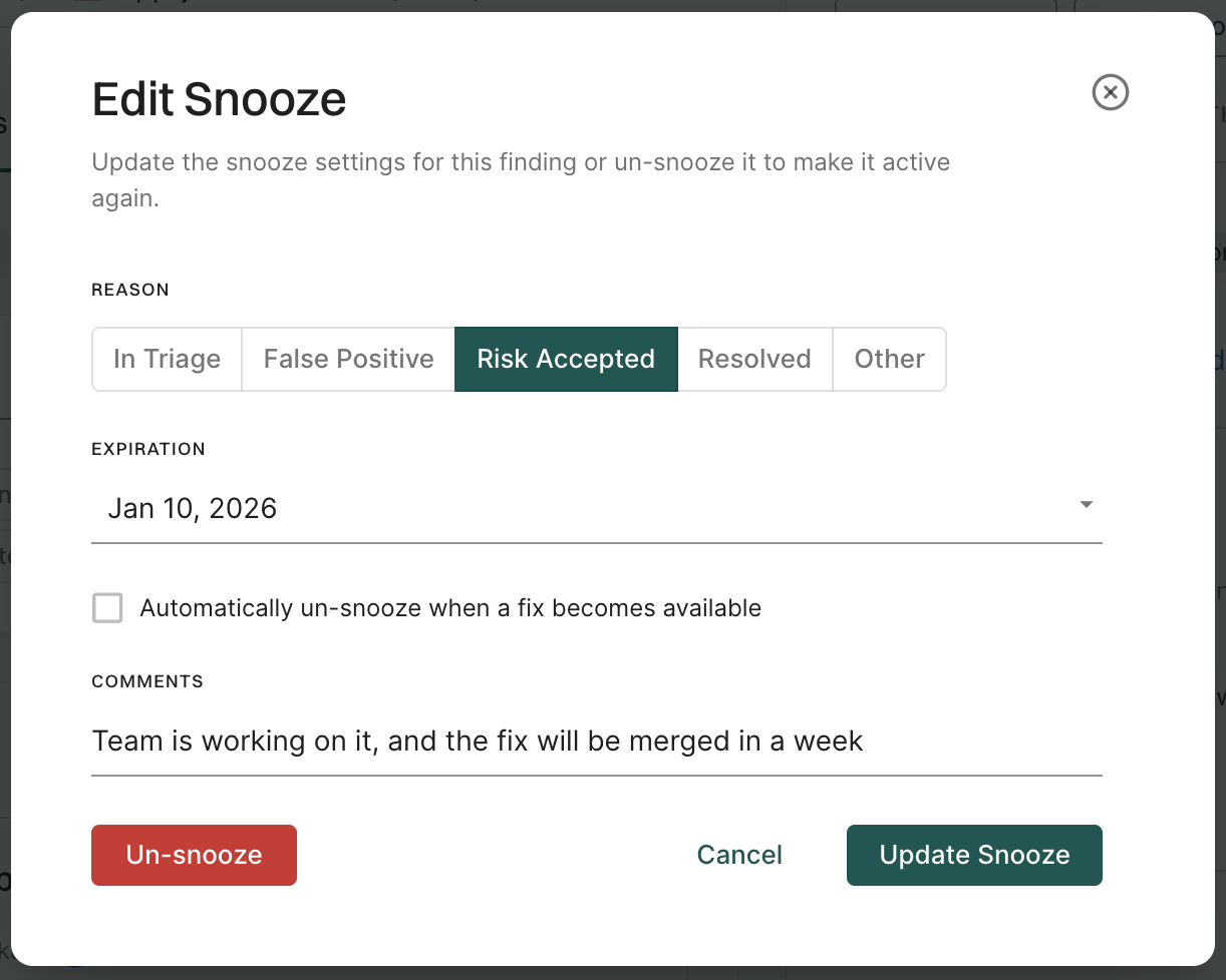 Edit or unsnooze findings