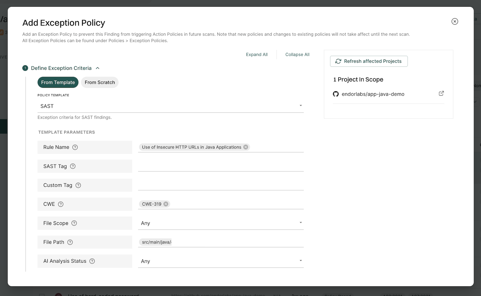 Exception from finding